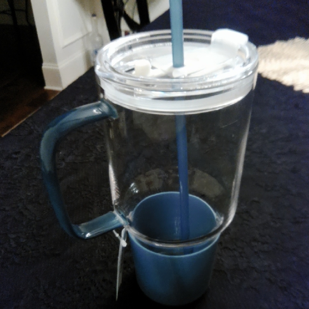 Clear Travel Tumbler with Blue Handle & Straw